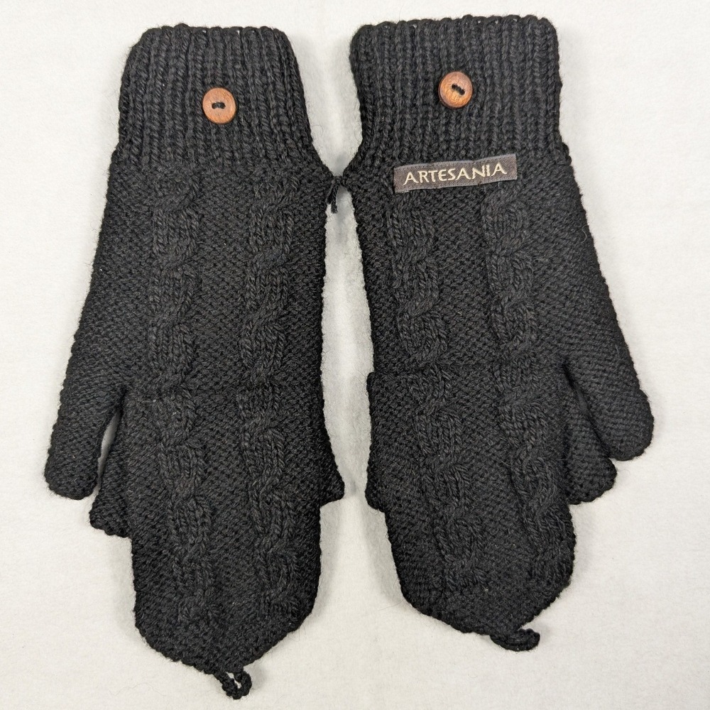 NEW Artesania Mens Black 100% Alpaca‎ Wool Cable Knit Convertible Mitten Gloves